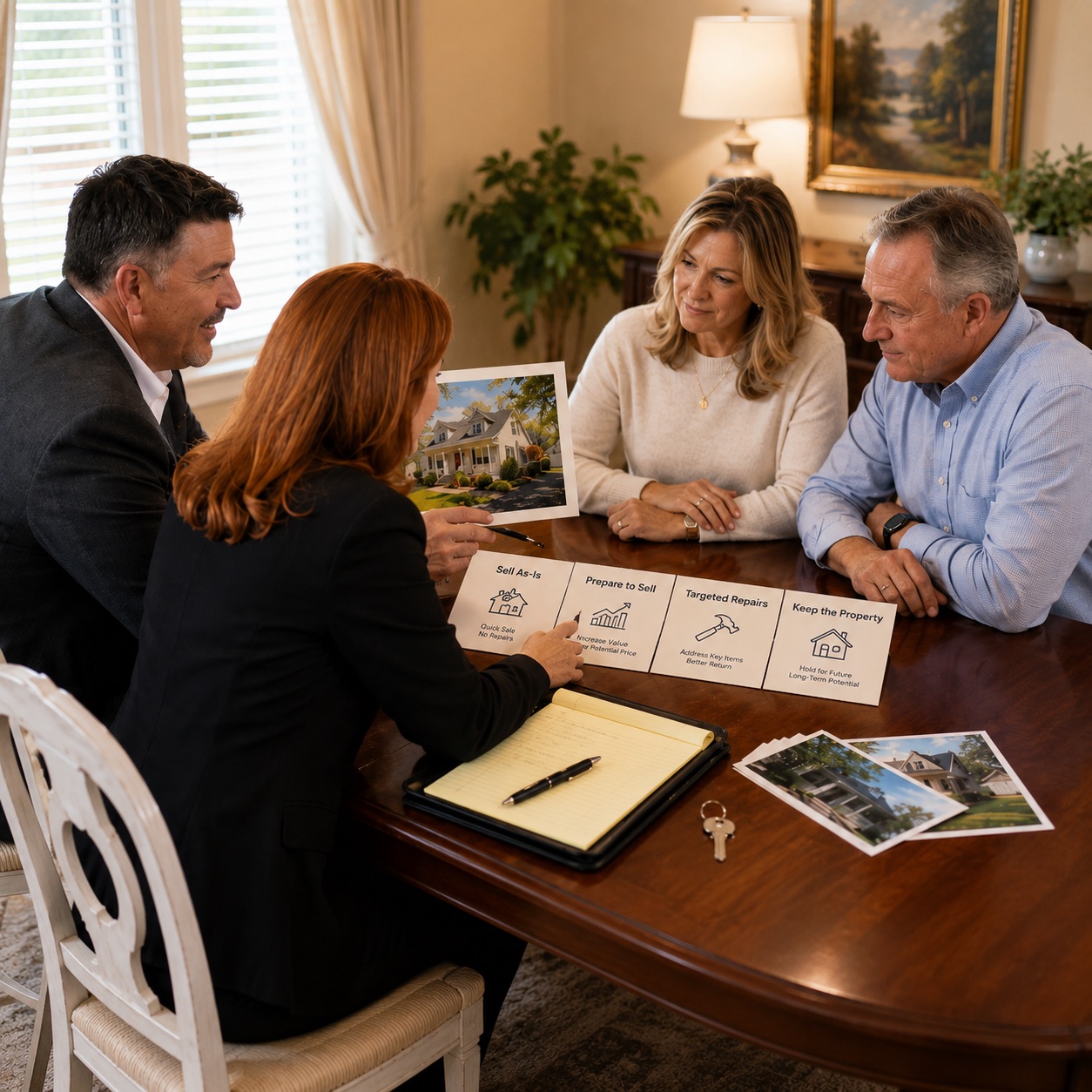 Estate property planning table with documents, notes, keys, and a home photo
