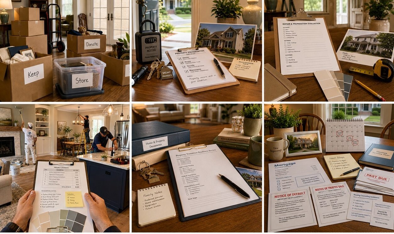 Estate property planning board with documents, checklist, house photo, vendor notes, and preparation items
